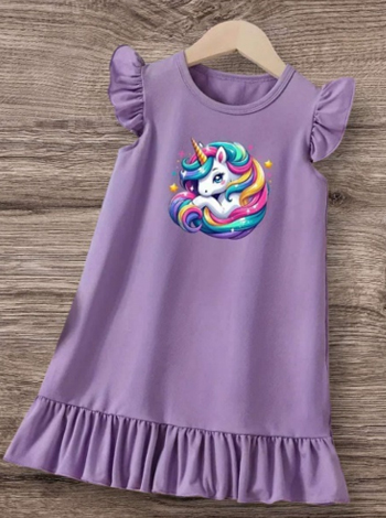 Unicorn Print Flutter Sleeves Casual & Versatile Dress